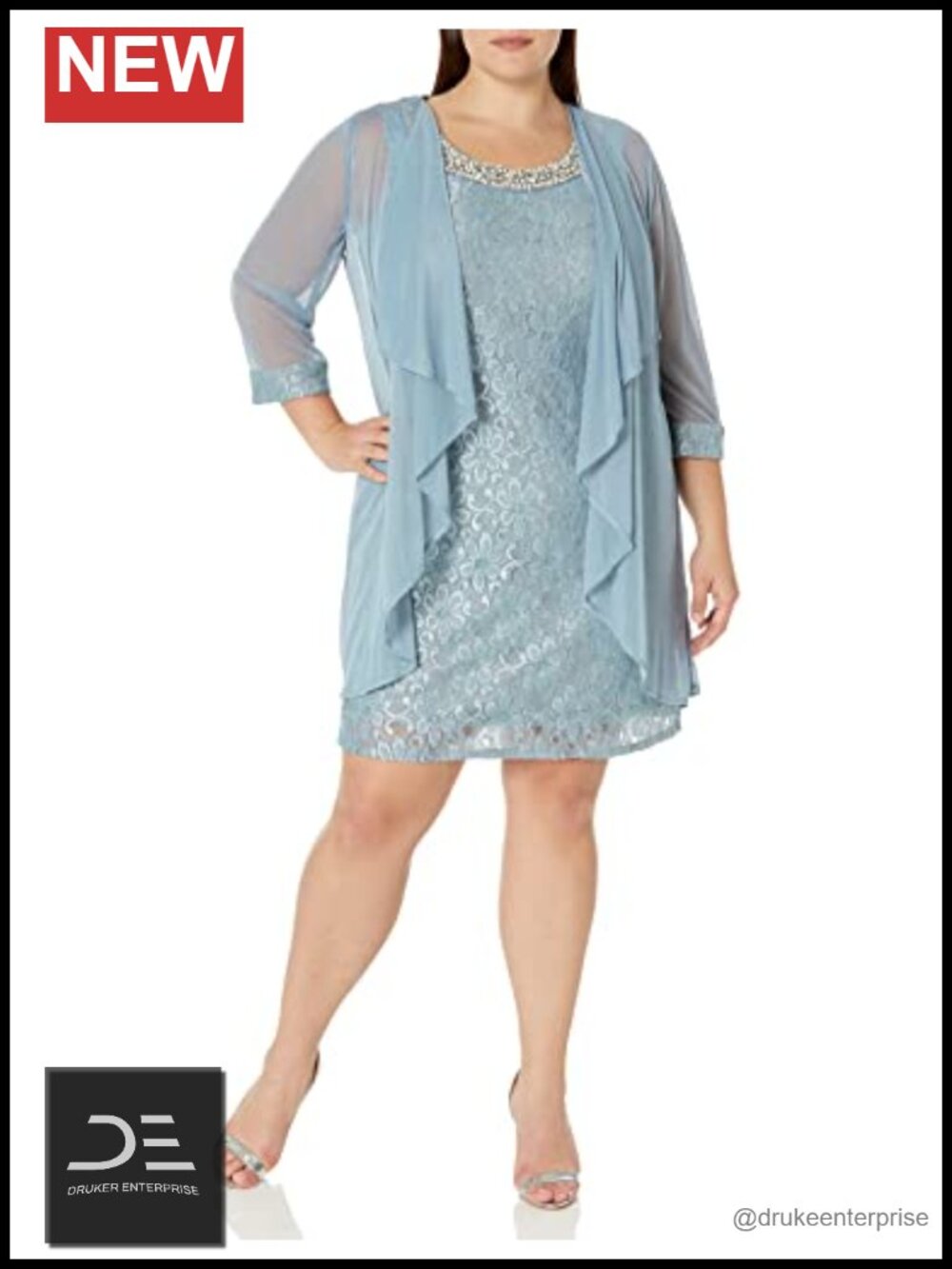 R&M Richards Women's Flyaway Chiffon Jacket & Shift Lace Glitter Dress W/Beaded